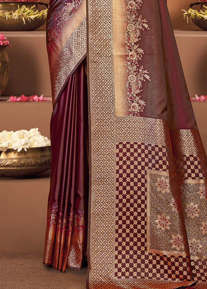 Maroon Satin Silk Saree With Blouse Piece