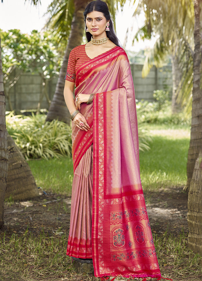 Pink Spun Silk Saree With Blouse Piece