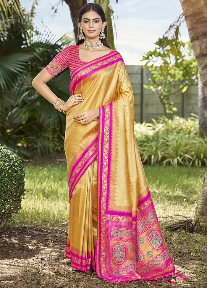 Yellow Spun Silk Saree With Blouse Piece