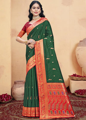 Bottle Green Dupion Silk Saree With Blouse Piece