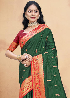 Bottle Green Dupion Silk Saree With Blouse Piece