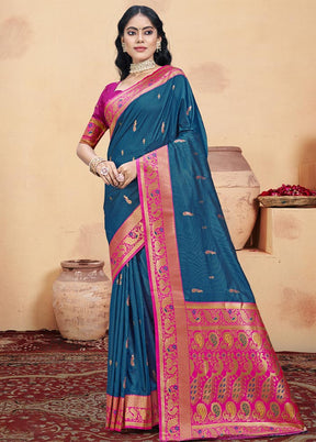 Blue Dupion Silk Saree With Blouse Piece