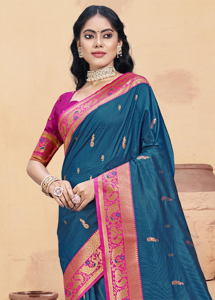 Blue Dupion Silk Saree With Blouse Piece