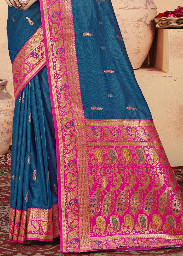 Blue Dupion Silk Saree With Blouse Piece