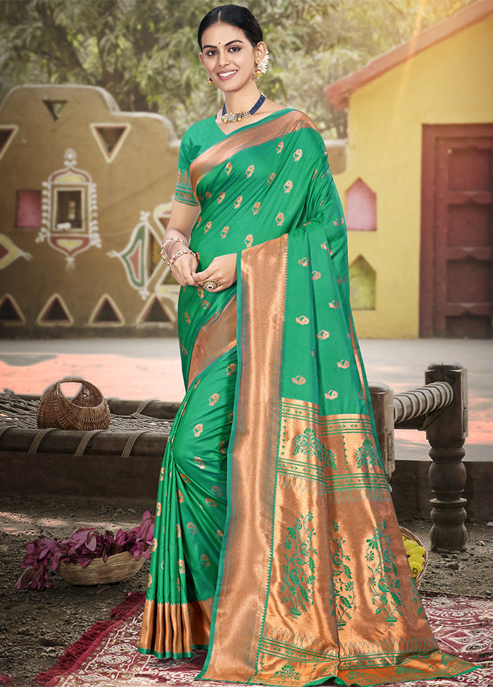 Rama Green Spun Silk Saree With Blouse Piece