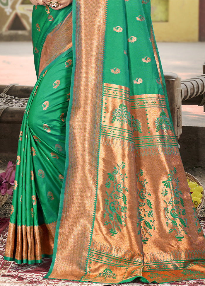 Rama Green Spun Silk Saree With Blouse Piece