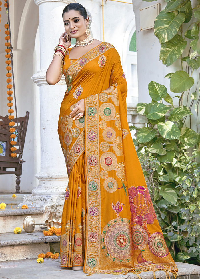 Yellow Spun Silk Saree With Blouse Piece