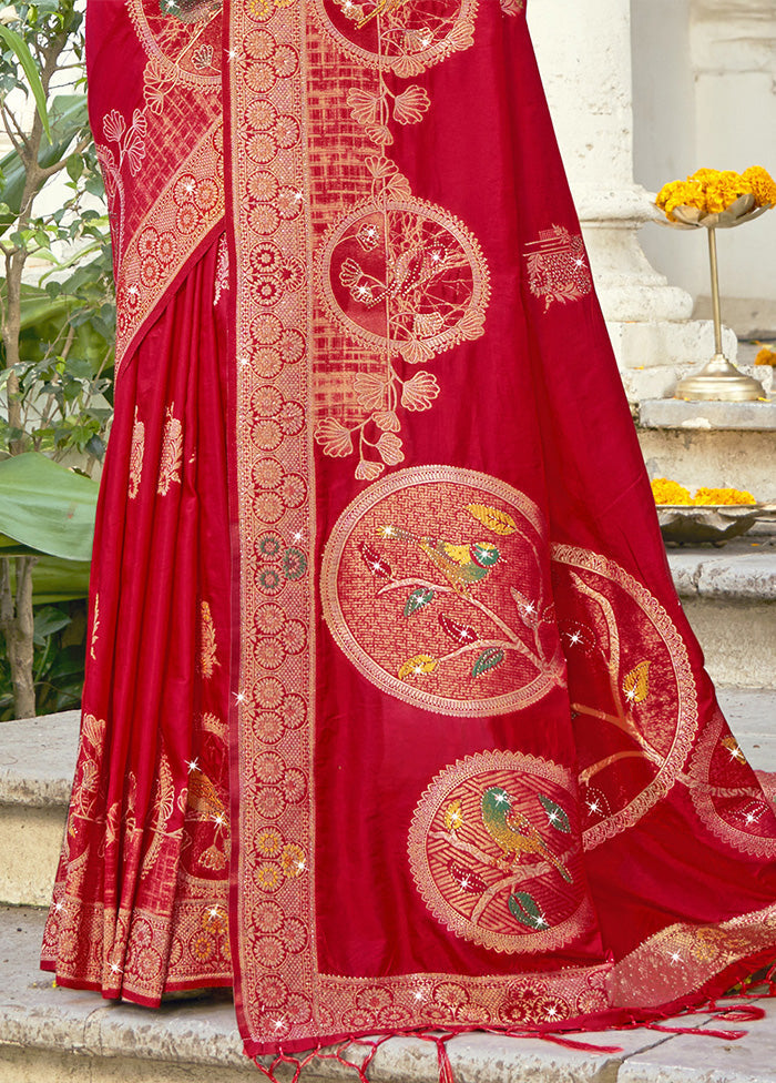 Red Spun Silk Saree With Blouse Piece