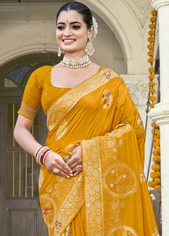 Yellow Spun Silk Saree With Blouse Piece