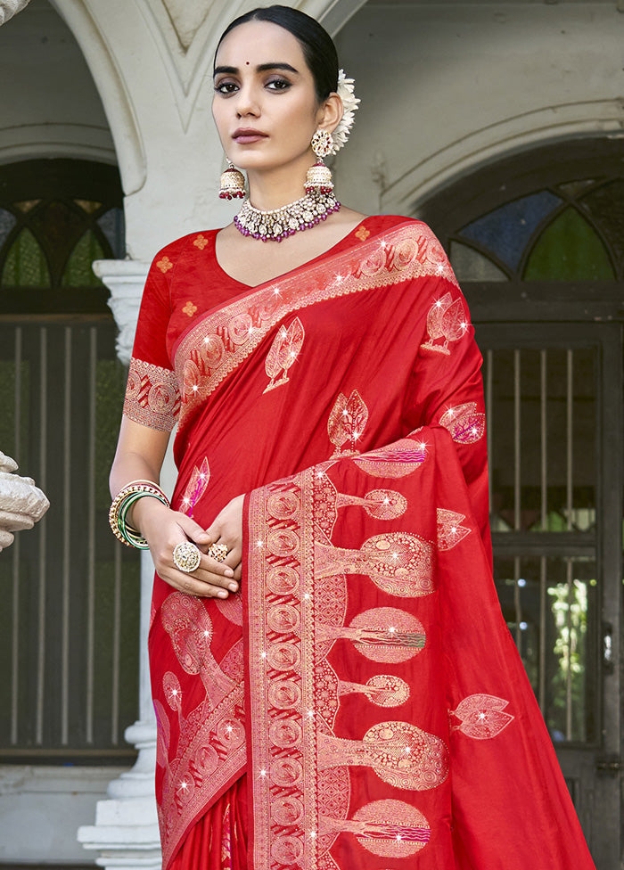 Red Spun Silk Saree With Blouse Piece