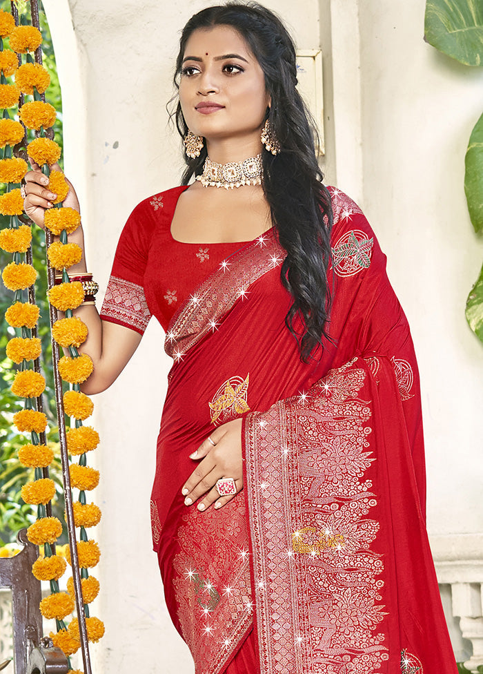 Red Spun Silk Saree With Blouse Piece