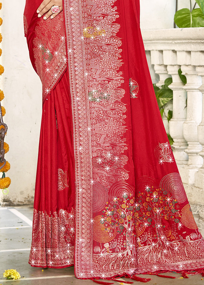 Red Spun Silk Saree With Blouse Piece