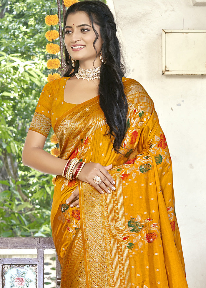 Yellow Spun Silk Saree With Blouse Piece