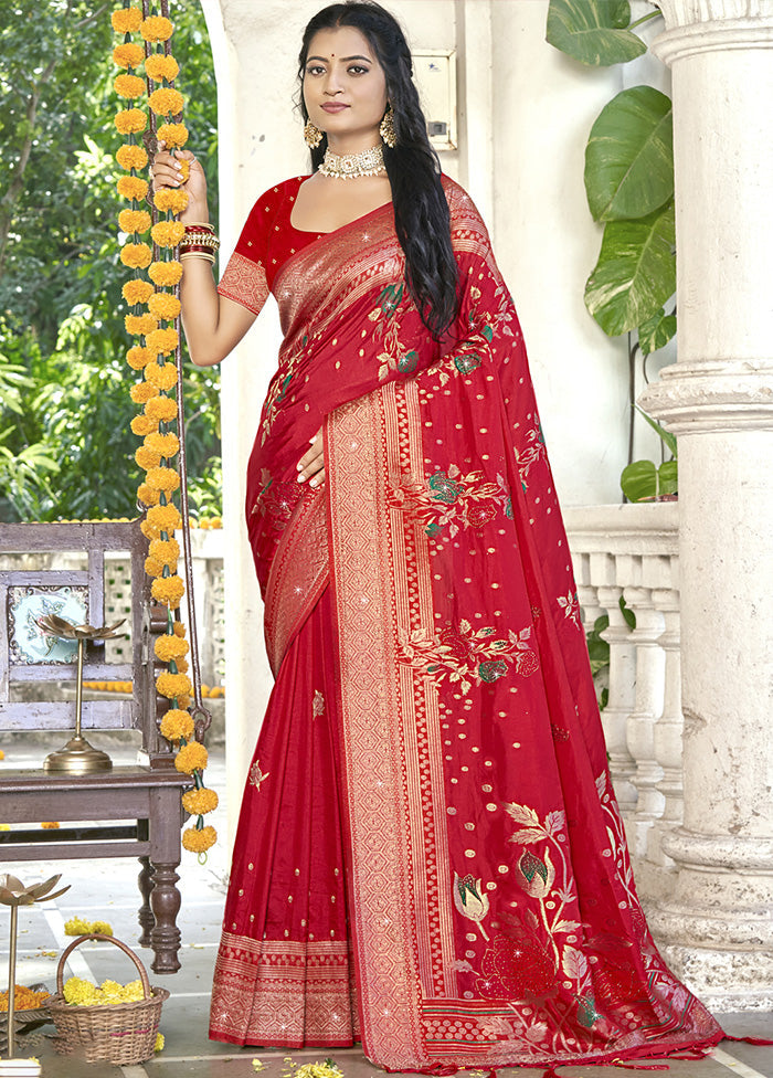 Red Spun Silk Saree With Blouse Piece