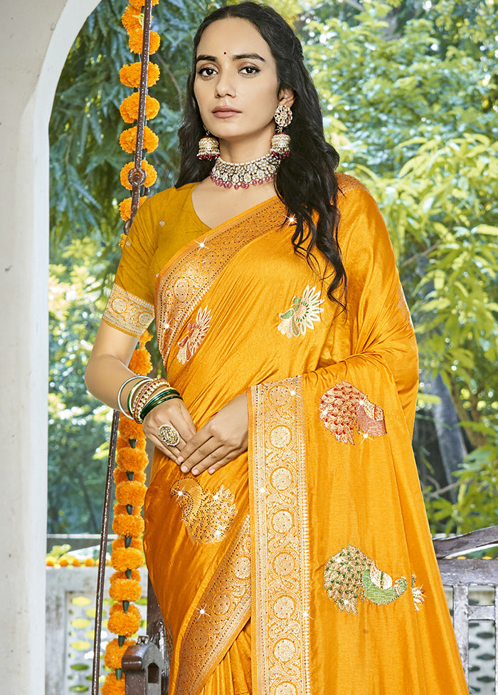 Yellow Spun Silk Saree With Blouse Piece