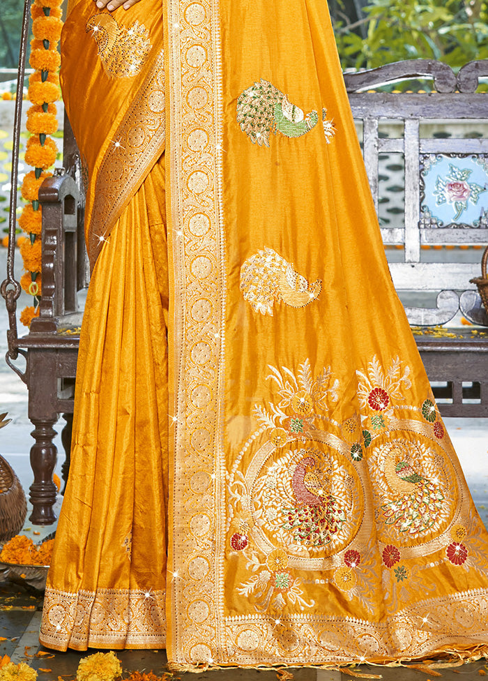 Yellow Spun Silk Saree With Blouse Piece