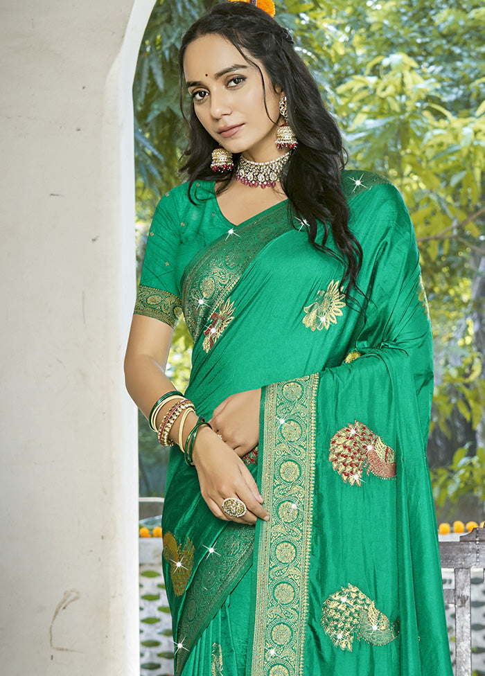 Green Spun Silk Saree With Blouse Piece