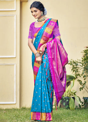 Sky Blue Dupion Silk Saree With Blouse Piece