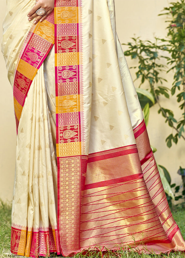 Cream Dupion Silk Saree With Blouse Piece