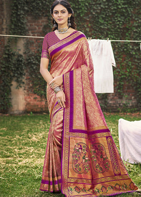 Peach Spun Silk Saree With Blouse Piece