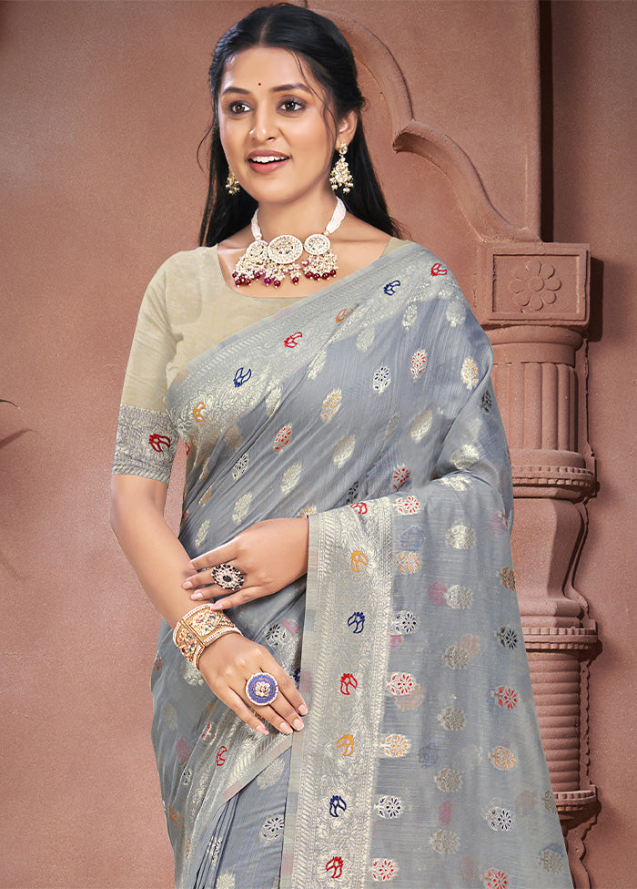 Grey Cotton Saree With Blouse Piece