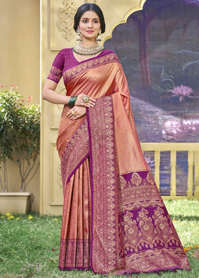 Peach Spun Silk Saree With Blouse Piece