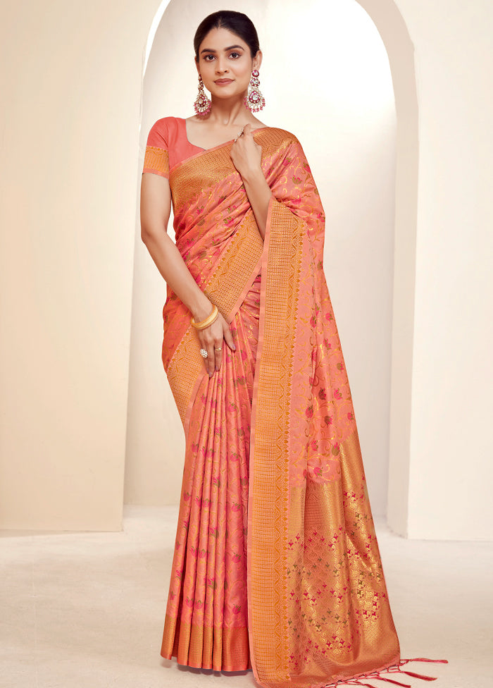 Peach Dupion Silk Saree With Blouse Piece