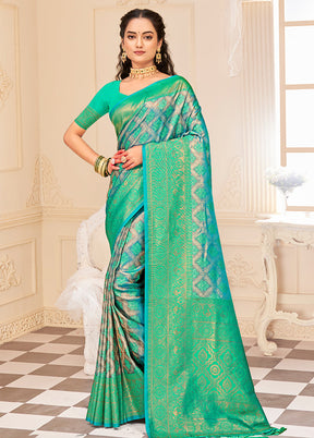 Turquoise Dupion Silk Saree With Blouse Piece