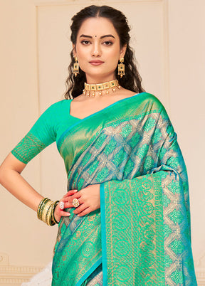 Turquoise Dupion Silk Saree With Blouse Piece