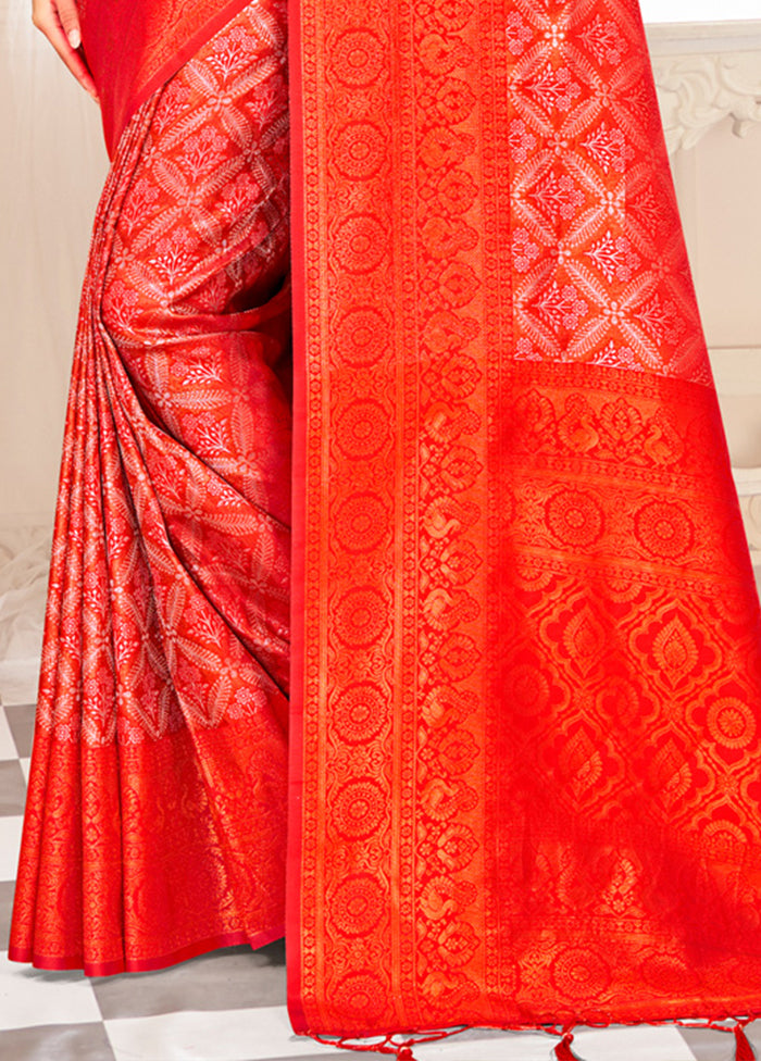 Red Dupion Silk Saree With Blouse Piece