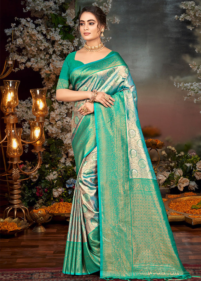 Turquoise Dupion Silk Saree With Blouse Piece