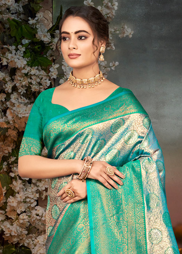 Turquoise Dupion Silk Saree With Blouse Piece