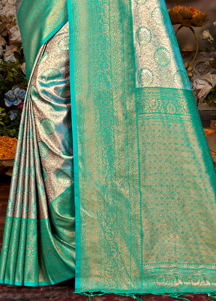 Turquoise Dupion Silk Saree With Blouse Piece