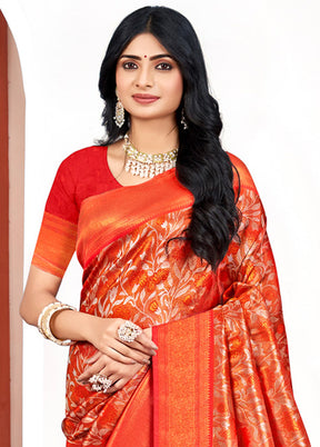 Red Dupion Silk Saree With Blouse Piece