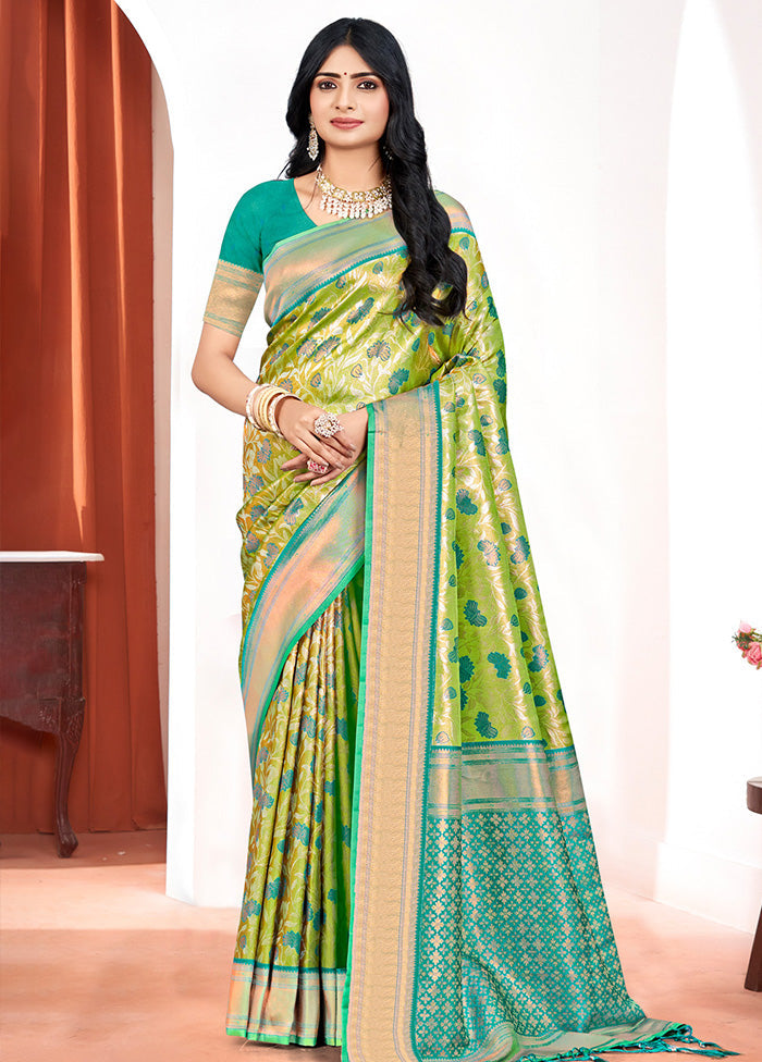 Parrot Green Dupion Silk Saree With Blouse Piece