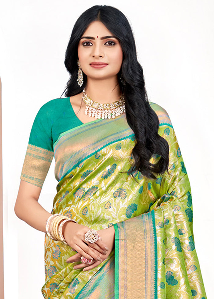 Parrot Green Dupion Silk Saree With Blouse Piece