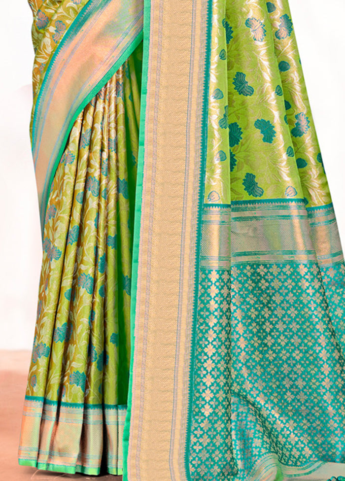 Parrot Green Dupion Silk Saree With Blouse Piece