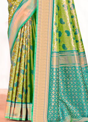 Parrot Green Dupion Silk Saree With Blouse Piece