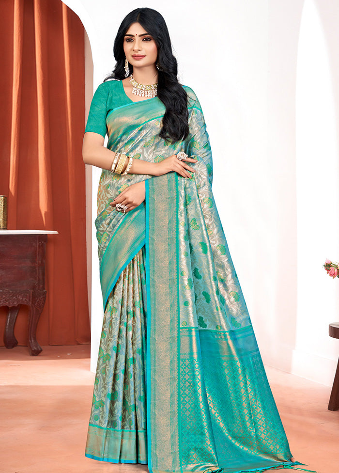 Sea Green Dupion Silk Saree With Blouse Piece