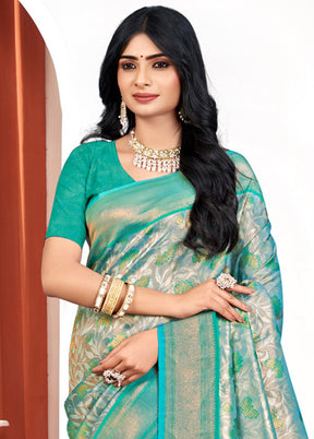 Sea Green Dupion Silk Saree With Blouse Piece