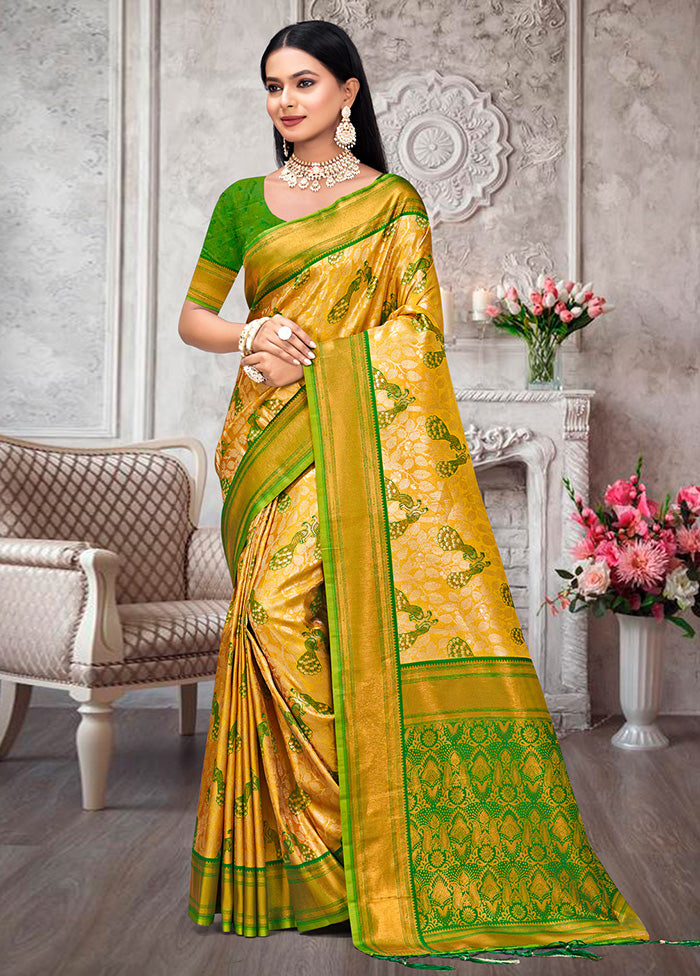 Yellow Dupion Silk Saree With Blouse Piece