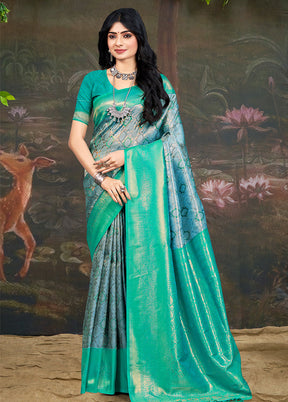 Turquoise Dupion Silk Saree With Blouse Piece