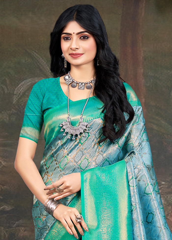 Turquoise Dupion Silk Saree With Blouse Piece