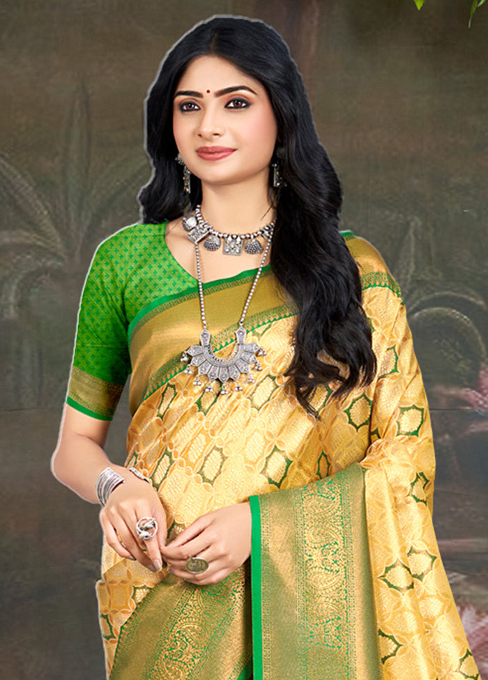 Yellow Dupion Silk Saree With Blouse Piece