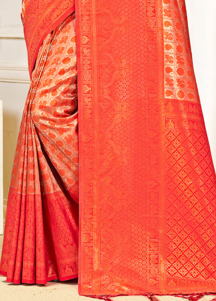 Red Dupion Silk Saree With Blouse Piece - Indian Silk House Agencies