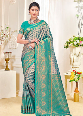 Sea Green Dupion Silk Saree With Blouse Piece