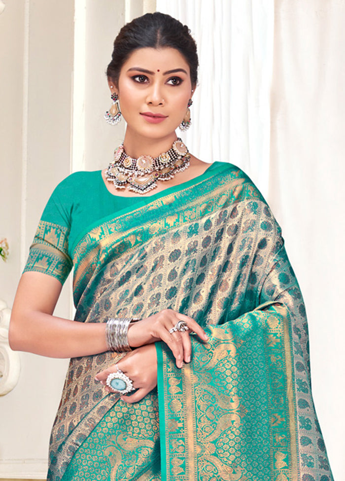 Sea Green Dupion Silk Saree With Blouse Piece