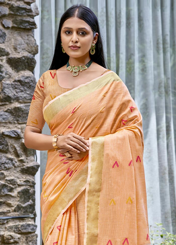 Peach Cotton Saree With Blouse Piece