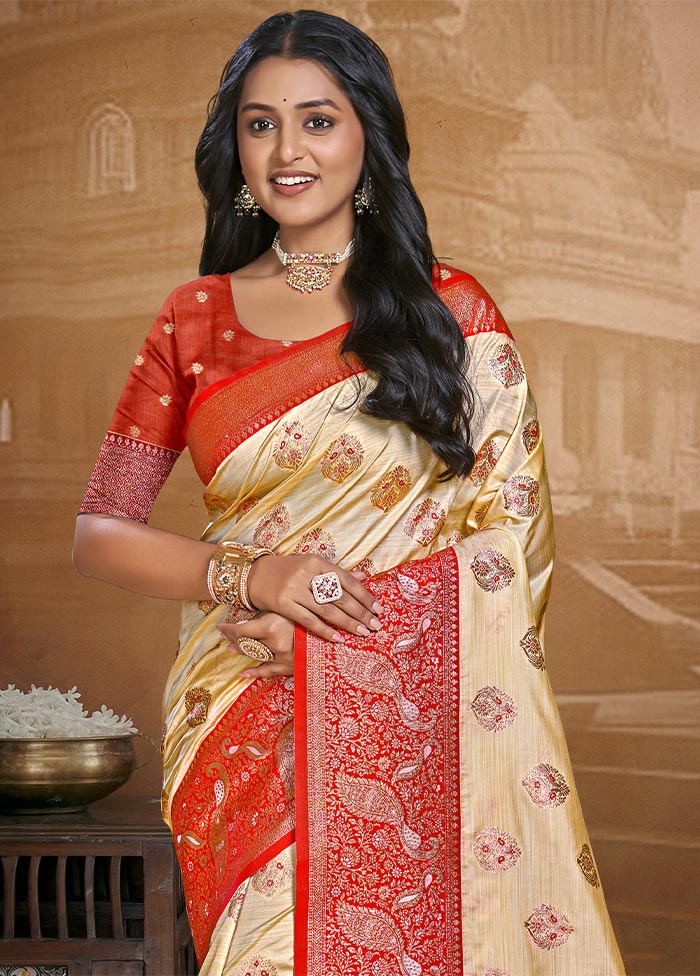 Beige Dupion Silk Saree With Blouse Piece