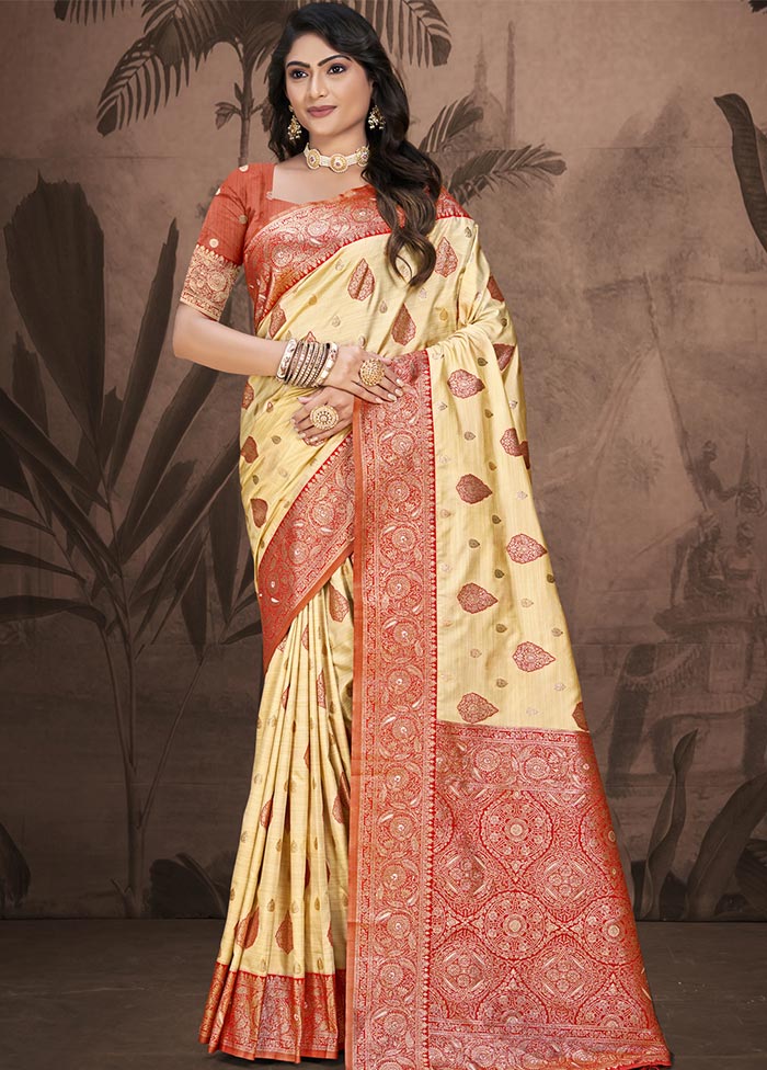 Beige Dupion Silk Saree With Blouse Piece